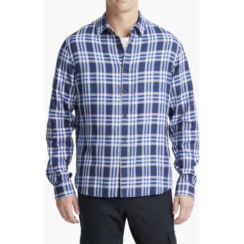 VINCE Venice Long Sleeve Plaid Button Up Shirt Men Large Blue Ivory Classic Fit